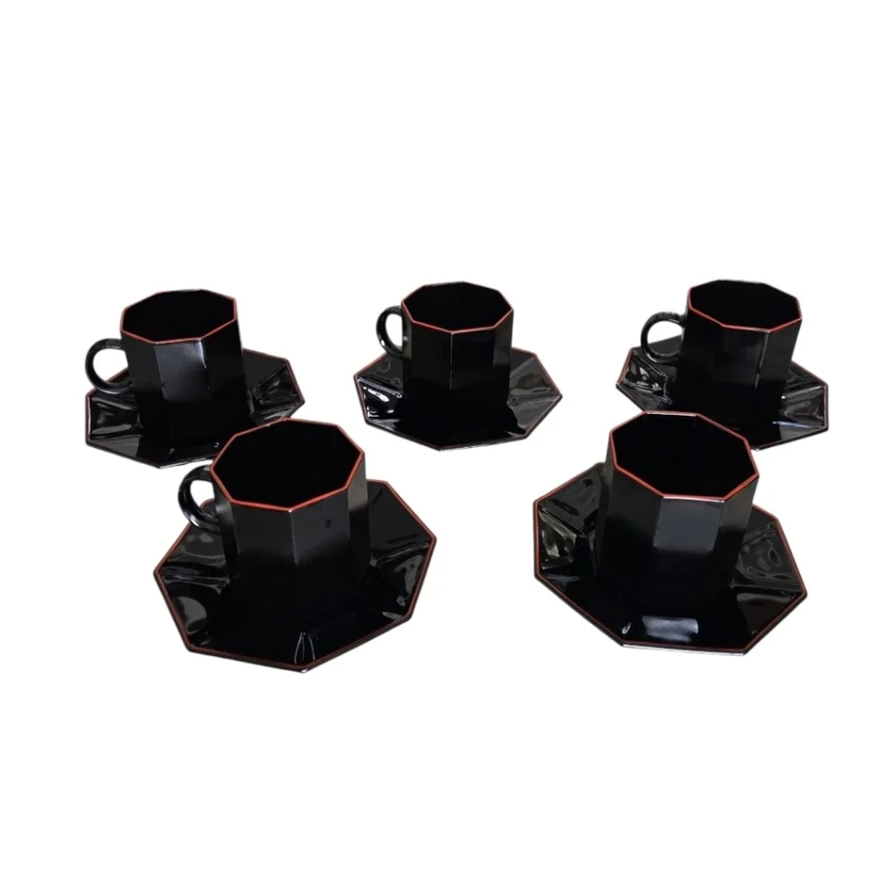 VTG 80s Arcoroc France Black Glass Octagon Demitasse Cup Saucer 5 Sets‎ Red Trim